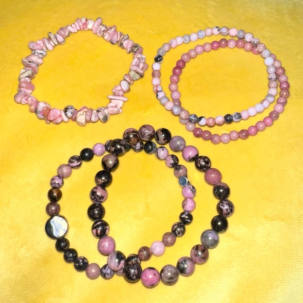 Natural Rhodonite and Rhodochrosite Bracelet Stack Set of 5